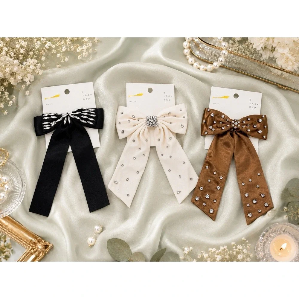 3 A New Day Rhinestone Hair Bow Clips Black Ivory Bronze Satin Formal Holiday